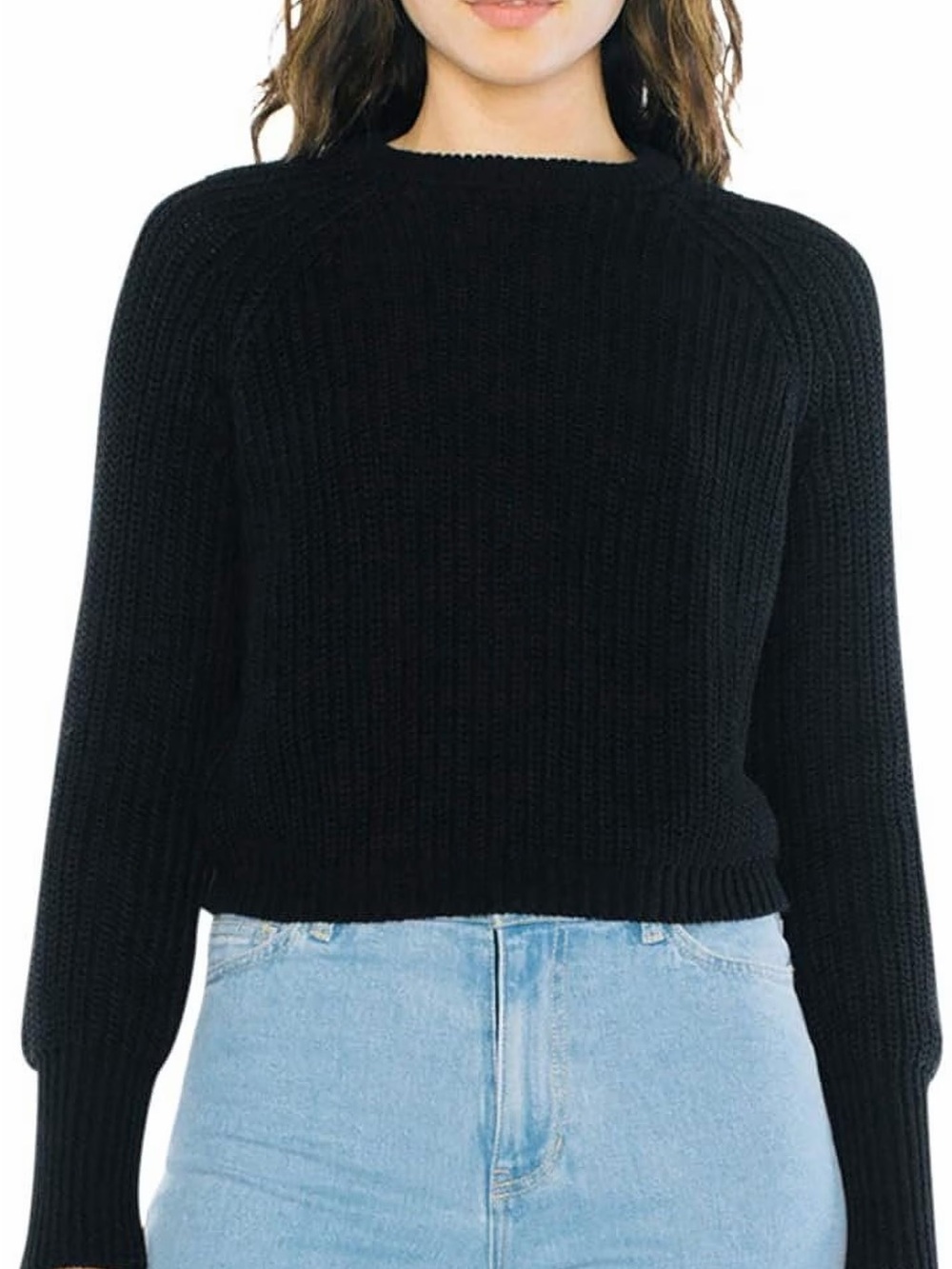 Black American Apparel Women's Cropped Fisherman Long Sleeve Pullover